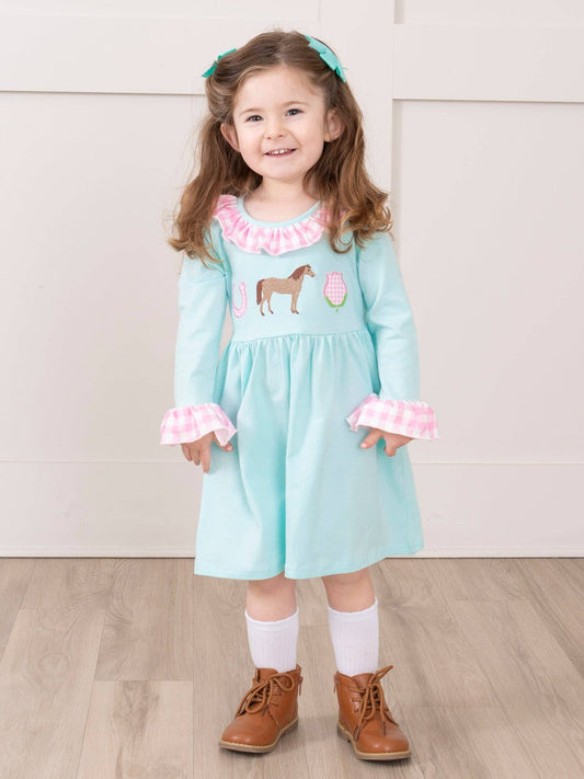 Embroidered Horsing Around Gingham Ruffle Dress: XXL(6yrs)