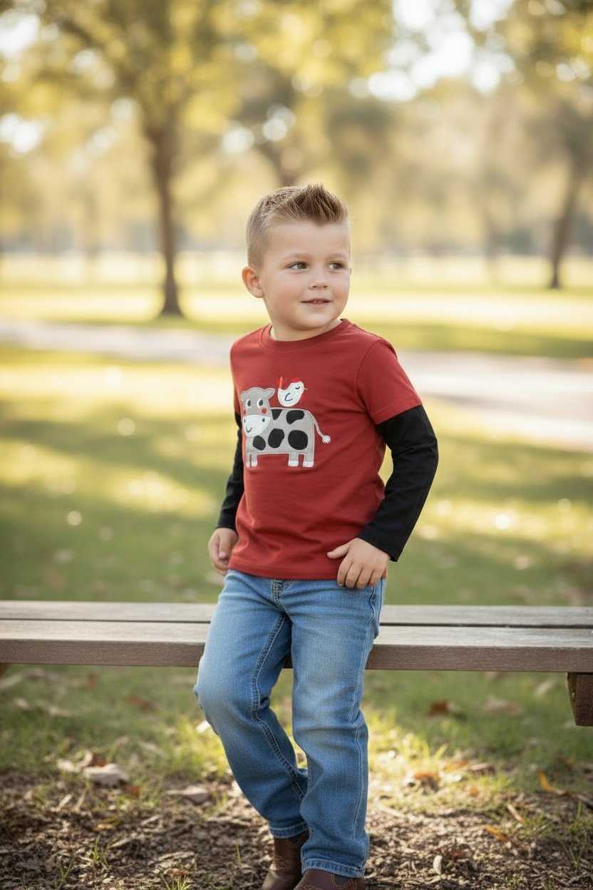 Cow Applique Long Sleeve Boys Shirt