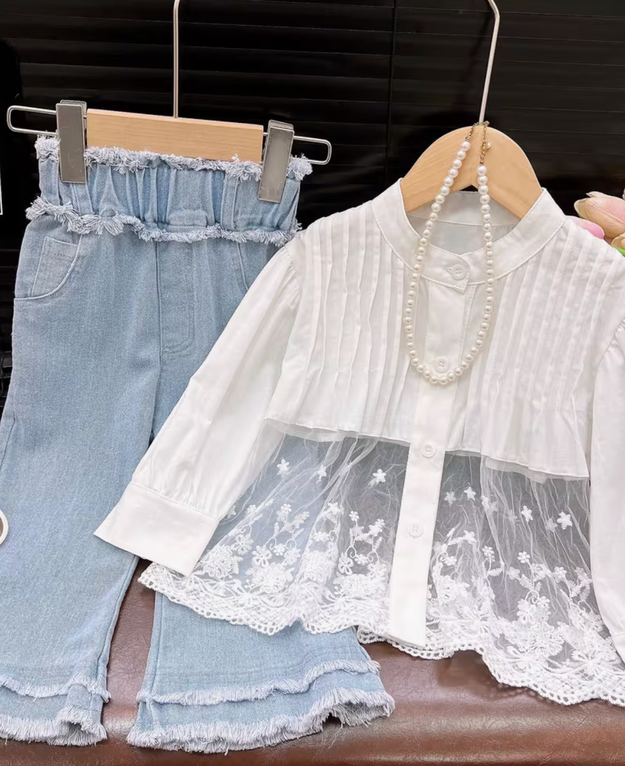 Lace Patch Top With Frayed Bell Bottom Jeans