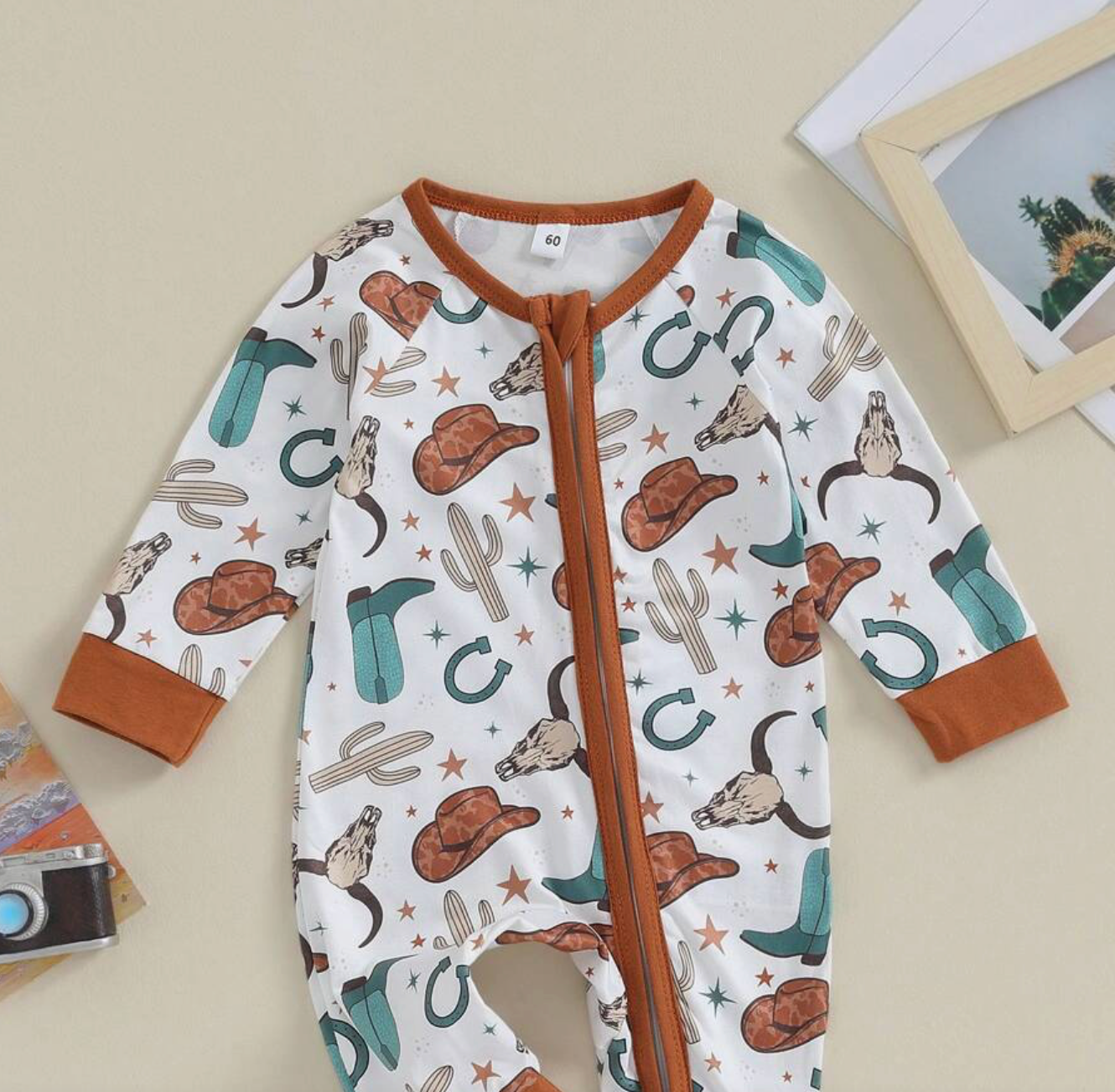 Long Sleeve Western Zip Romper Boots and Hats