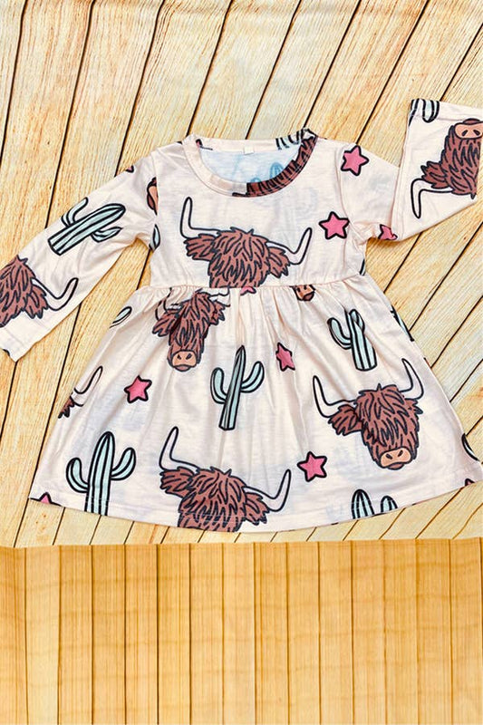 Bulls & Cactus & Stars print long sleeve dress DLH2865: M-3/4