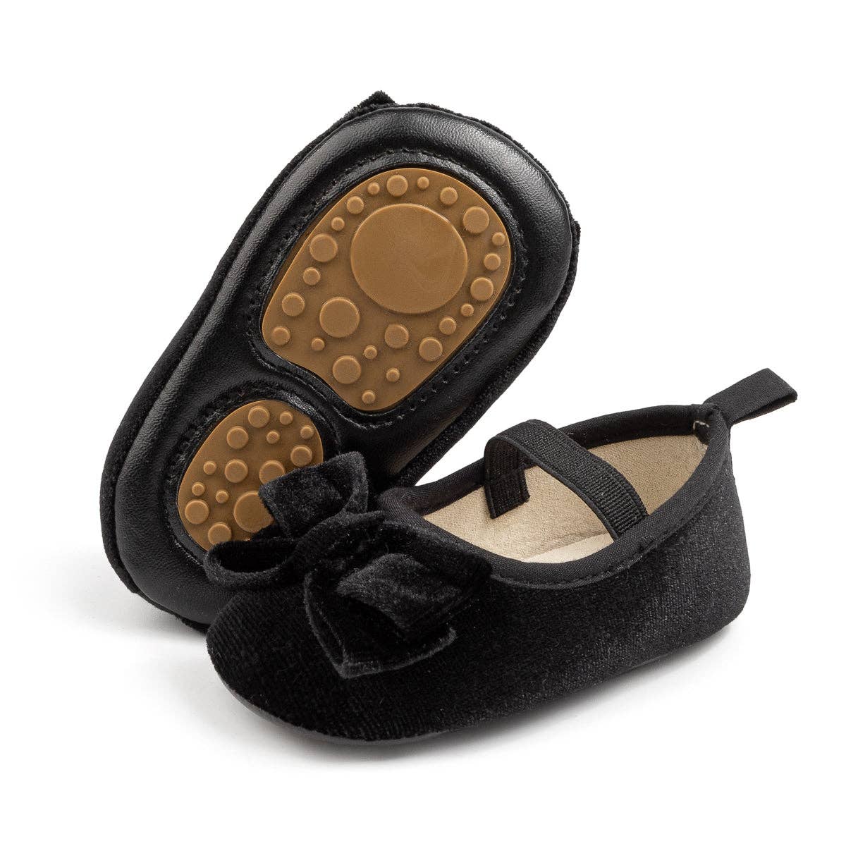 Front Bow velvety baby shoes, available in black and pink.: Pink / 6-12M (12CM