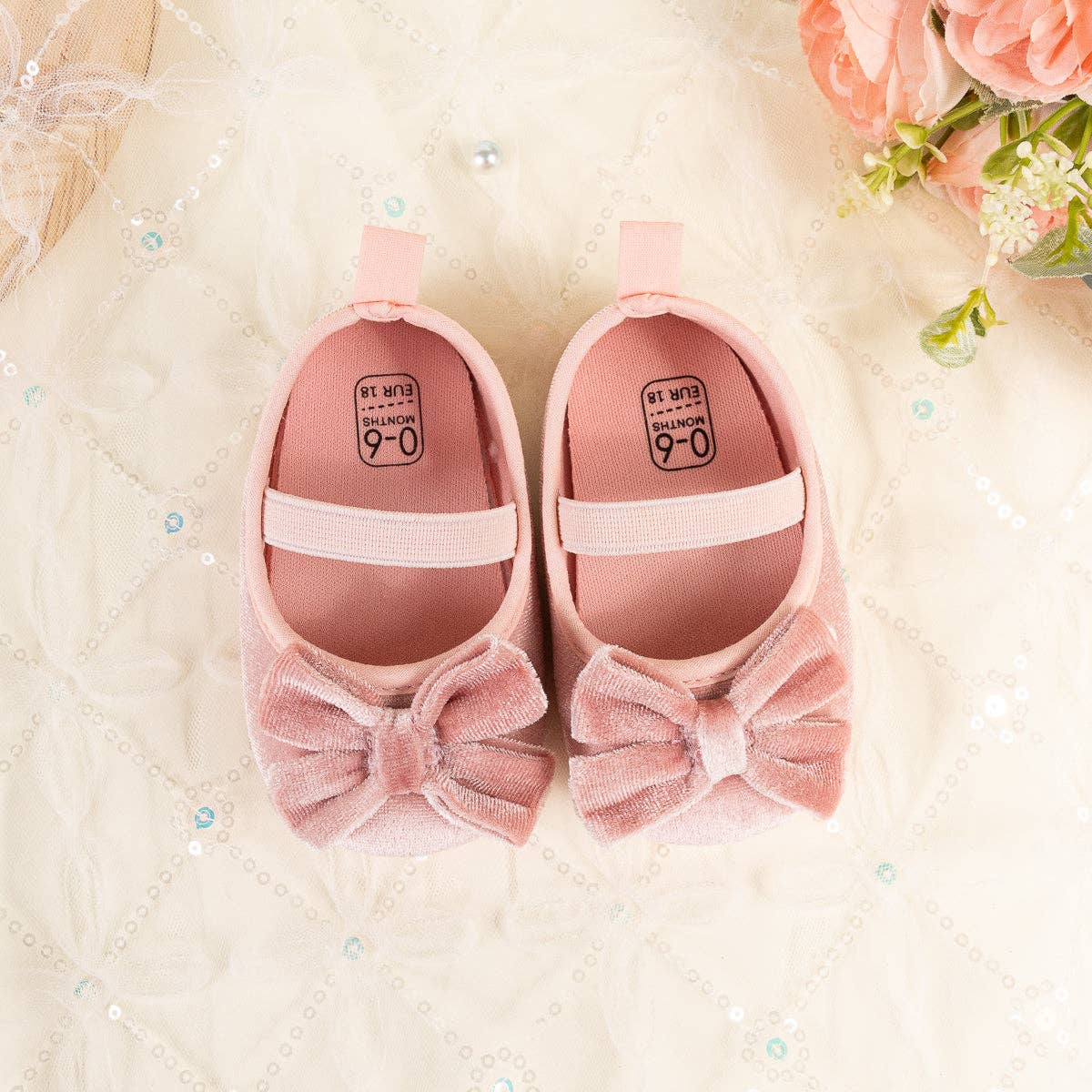 Front Bow velvety baby shoes, available in black and pink.: Pink / 6-12M (12CM