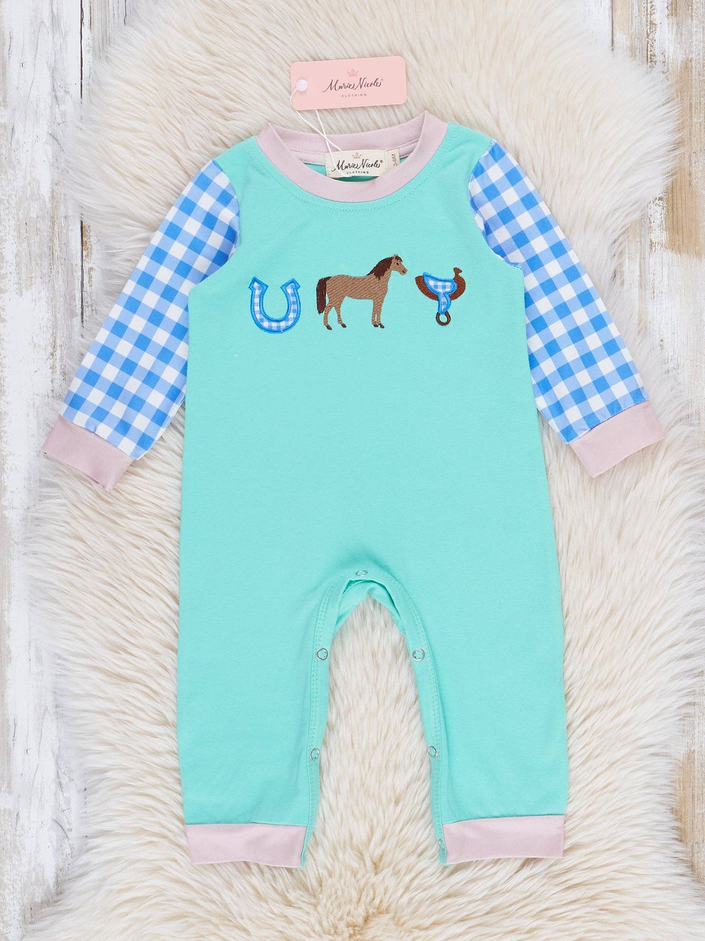 Embroidered Horsing Around Gingham Romper: 0/3MOS