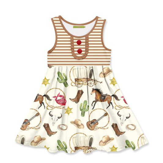Girls Cowboy Horses Button-Accent Dress: Clay / 4