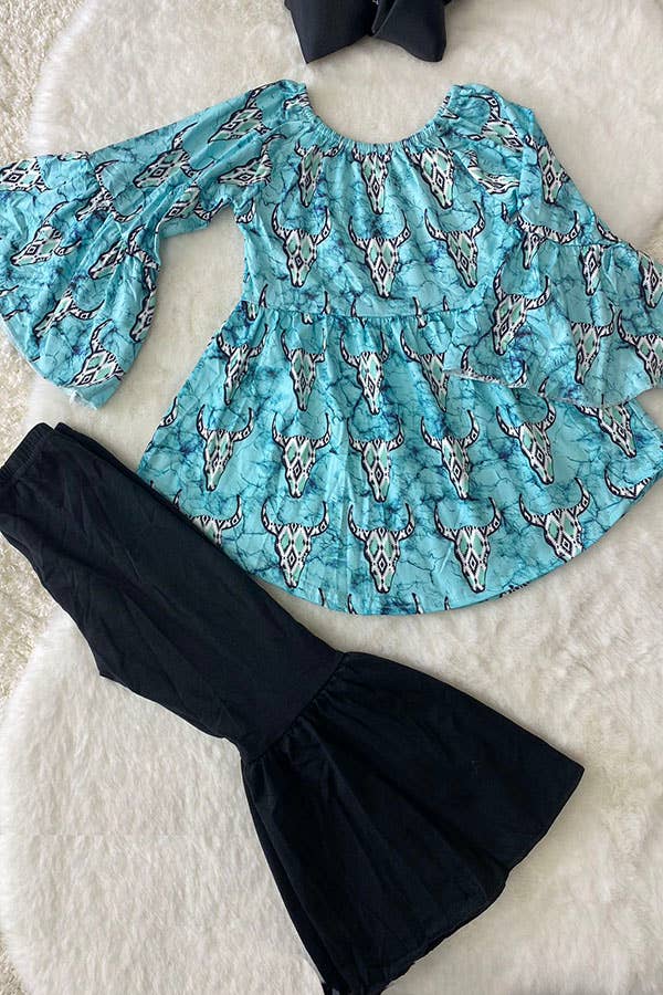 1182WY Turquoise aztec bull top black bell bottom girls sets: S 2/3Y