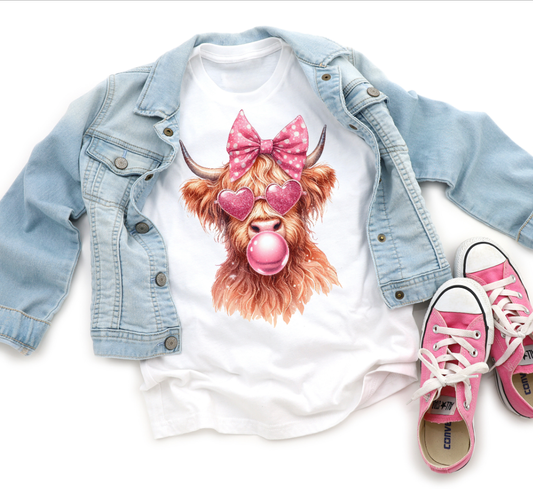 Highland Cow Blowing Bubble Valentines Day Girls T-Shirt    : 2T / Long Sleeves