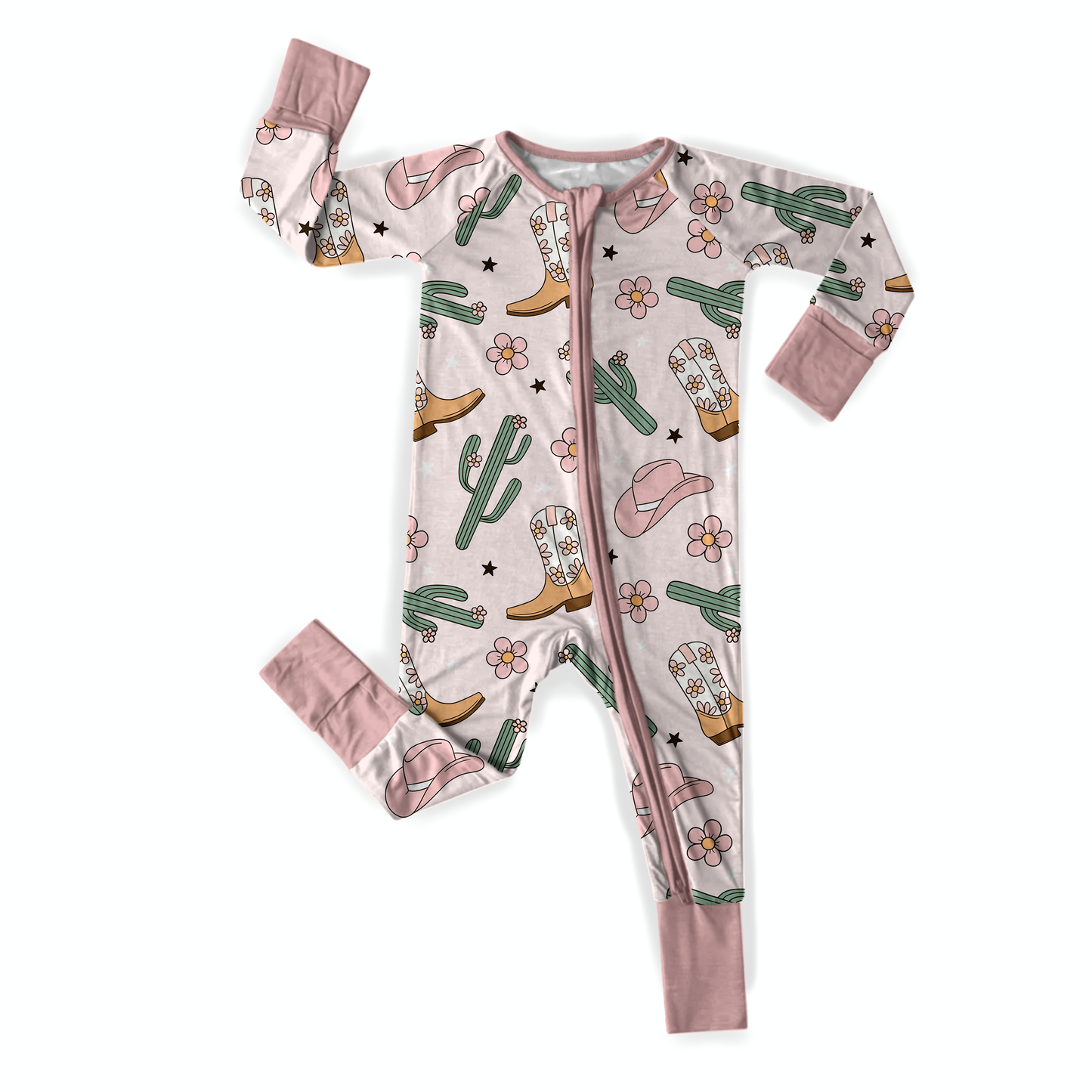 Pink Cowgirl Bamboo Zipper Romper: 3-6m