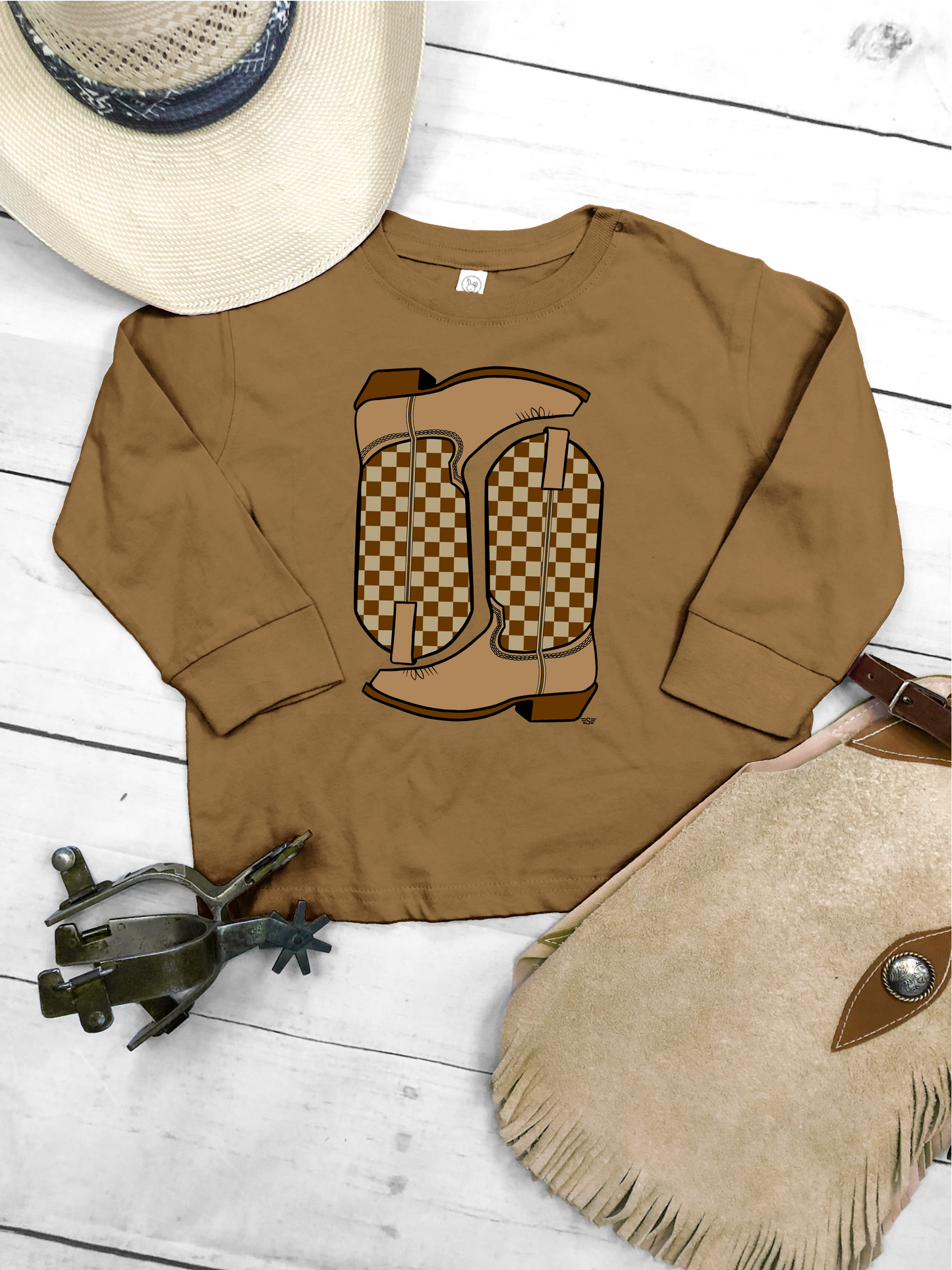 Kids Checkered Boots Graphic Tee: 4t / Coyote Brown Long Sleeve