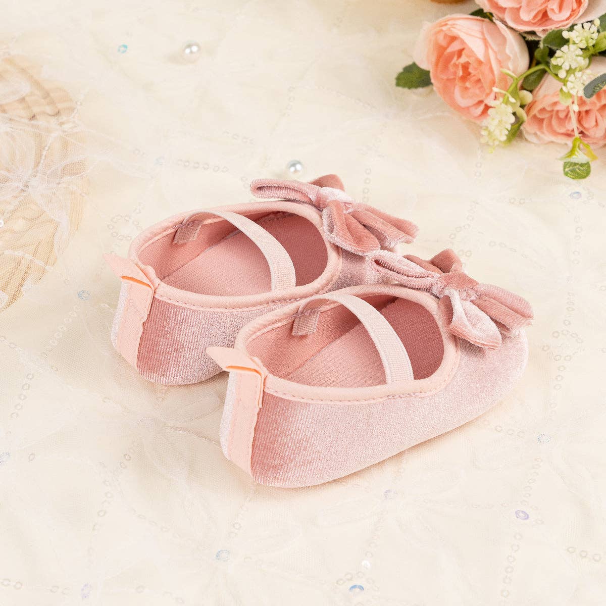 Front Bow velvety baby shoes, available in black and pink.: Pink / 6-12M (12CM