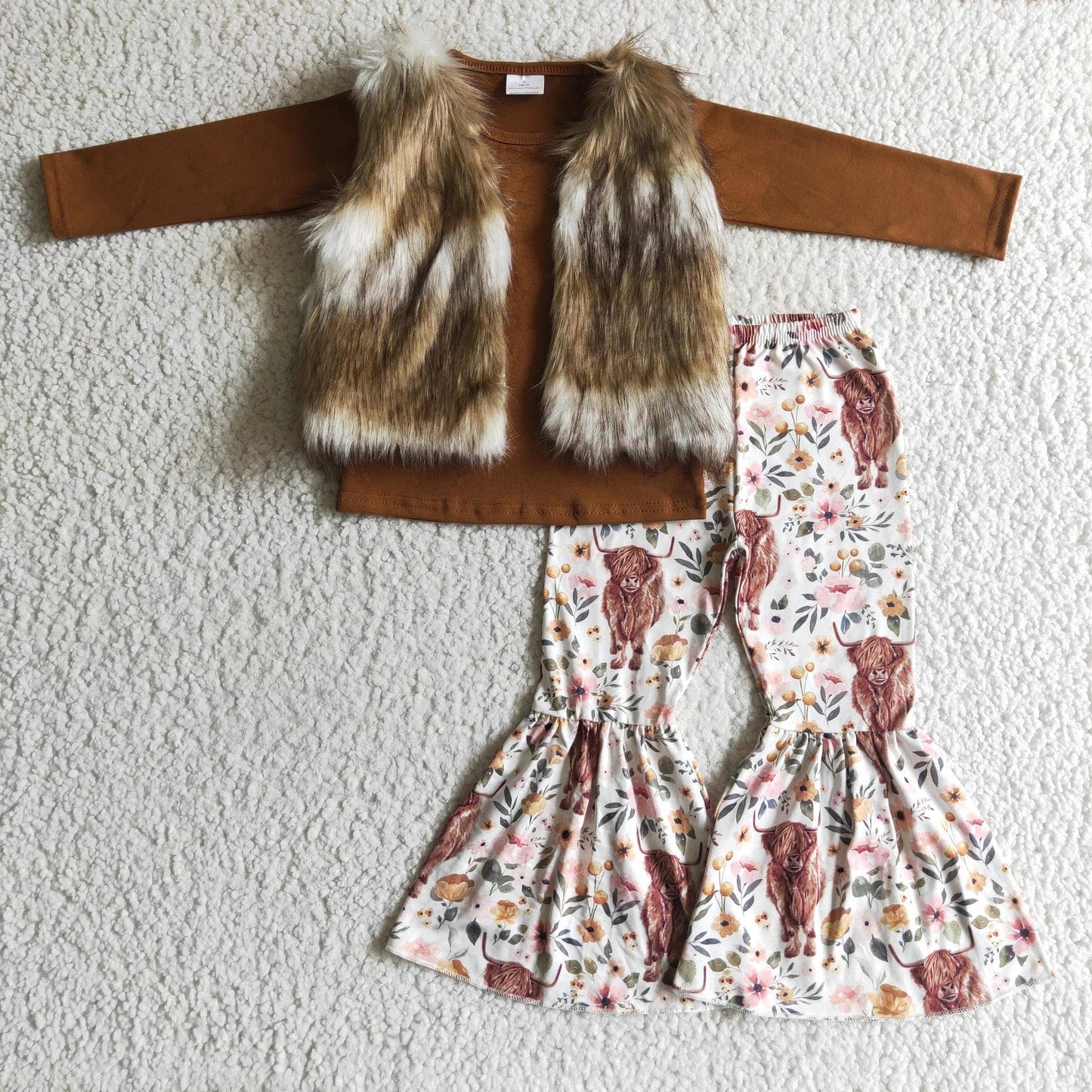 Highland Cow Bell bottom/Fur Vest 3pcs Pants Set