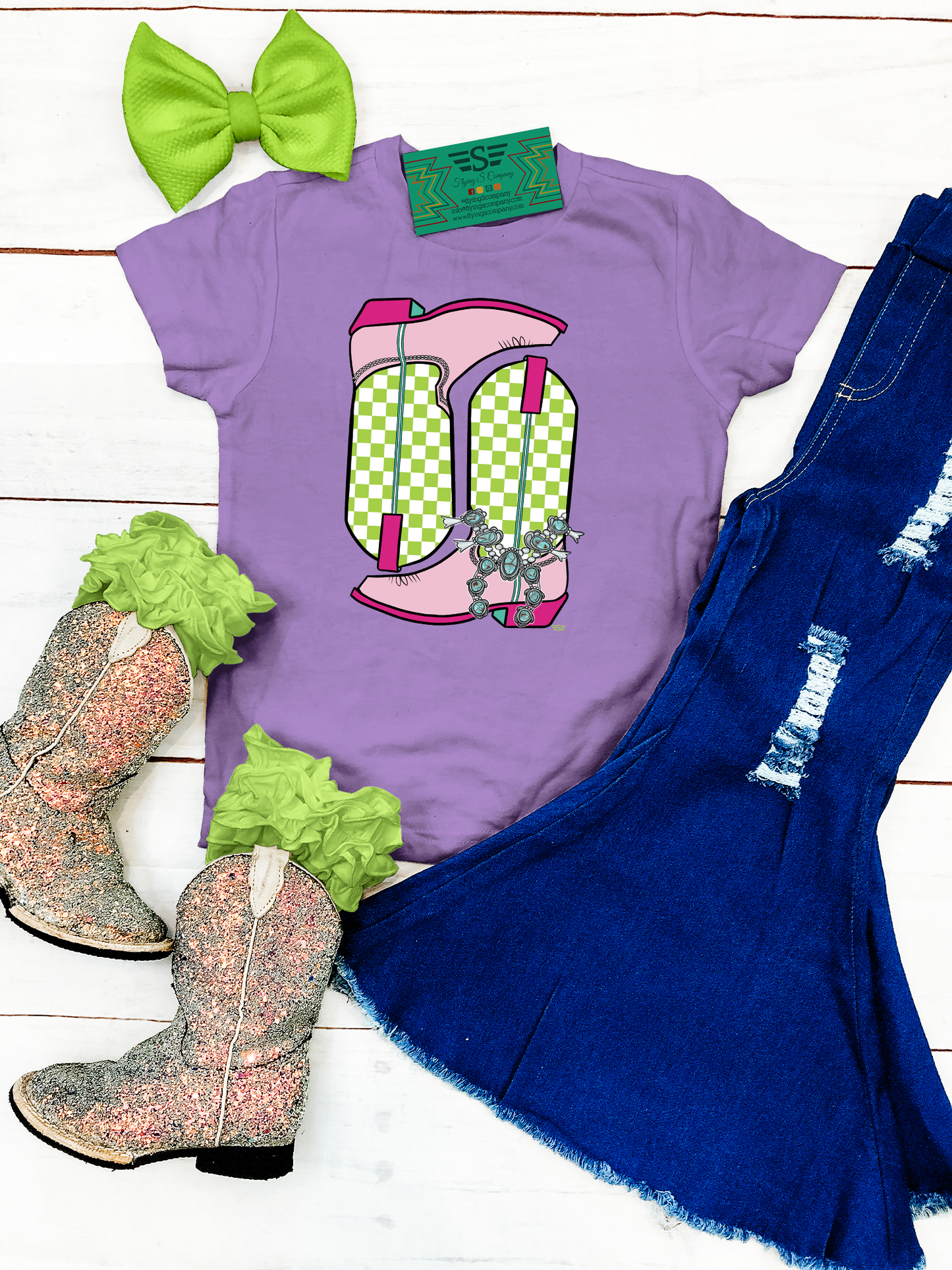 Kids Checkered Boots Graphic Tee: 5/6 / Coyote Brown Long Sleeve