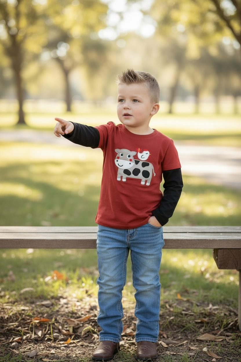 Cow Applique Long Sleeve Boys Shirt