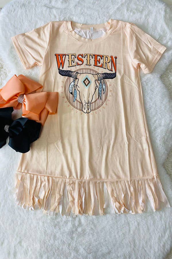 DLH2710 Fall clothing WESTERN bull skull beige girls dress: S-2/3