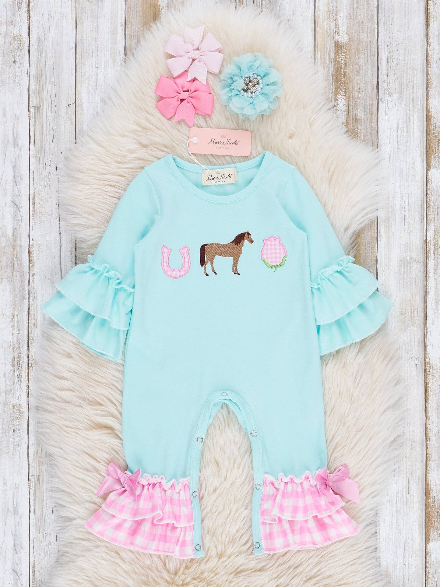 Embroidered Horsing Around Gingham Ruffle Romper: 6/12MOS