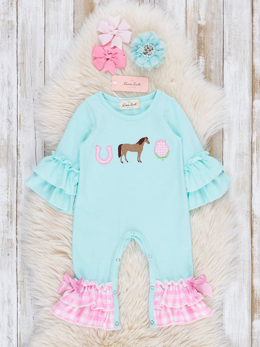 Embroidered Horsing Around Gingham Ruffle Romper: 0/3MOS